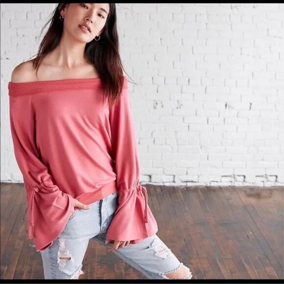NWT Express One Eleven Pink Bell Tied Sleeve Off Shoulder Sweatshirt Pullover M - Picture 1 of 11